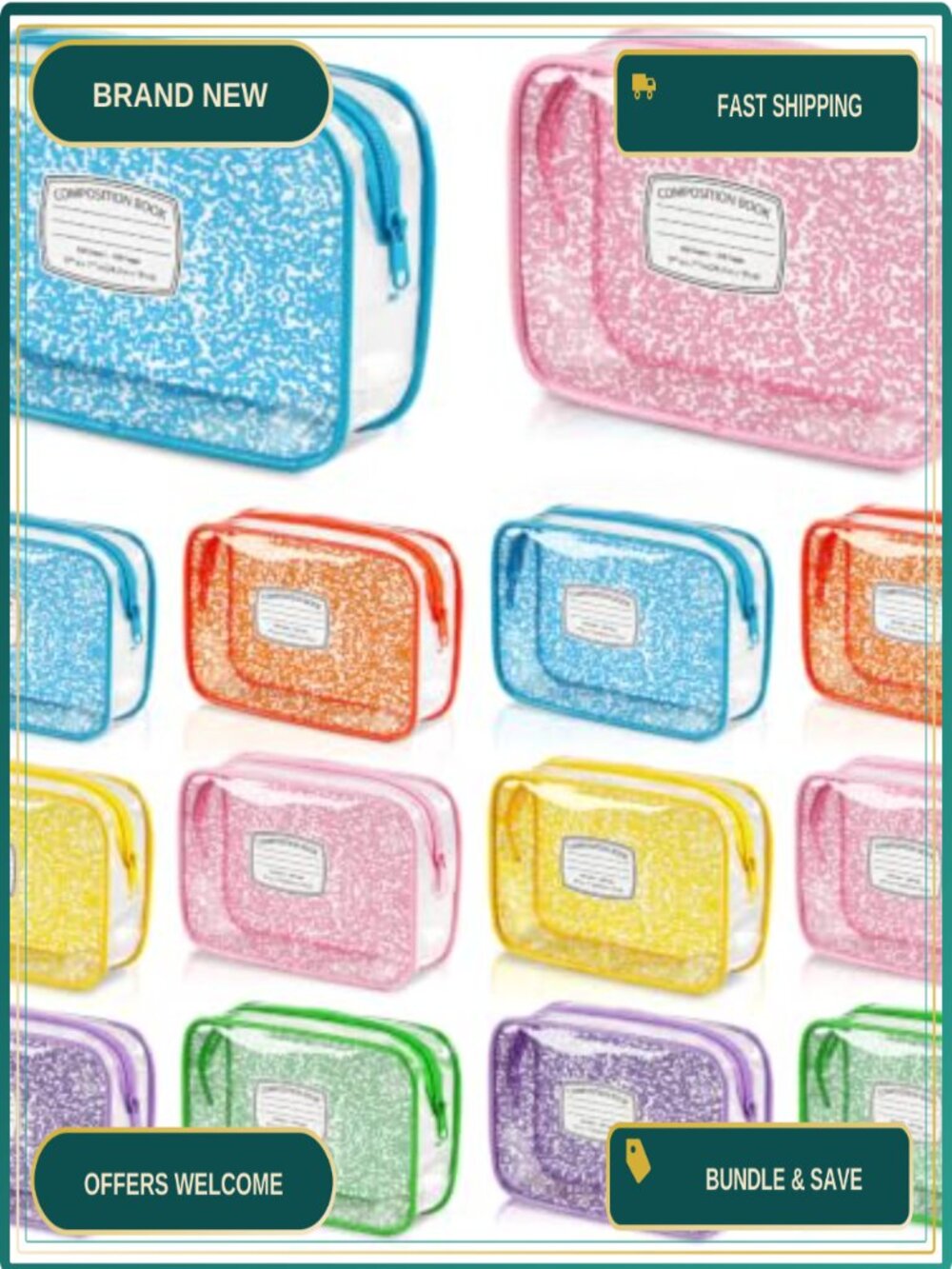 Set of 12 Clear PVC Zipper Cosmetic Bags, Composition Book Design, Waterproof